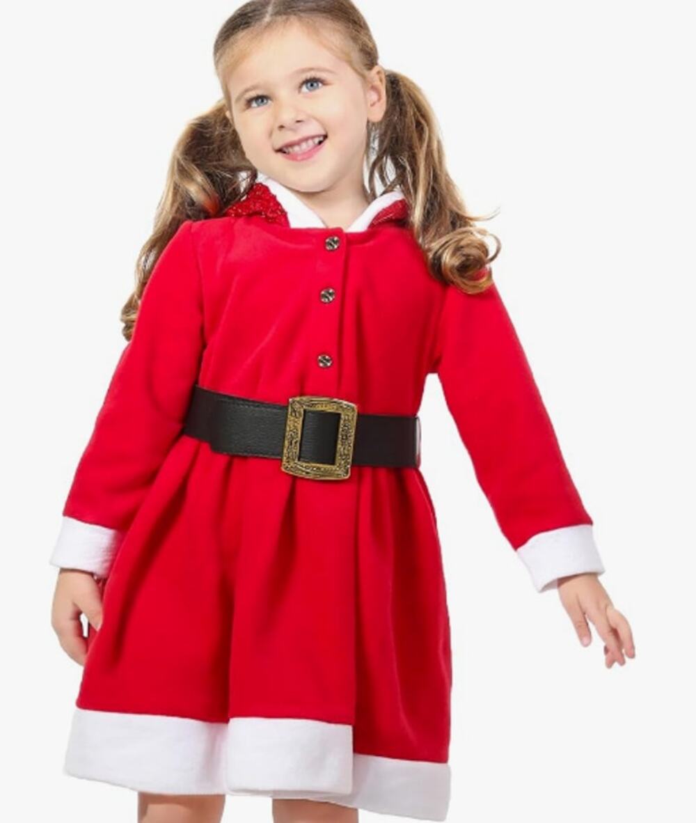 Lilax Little Girls' Holiday Christmas Santa Sparkle Hood Red Dress with Belt